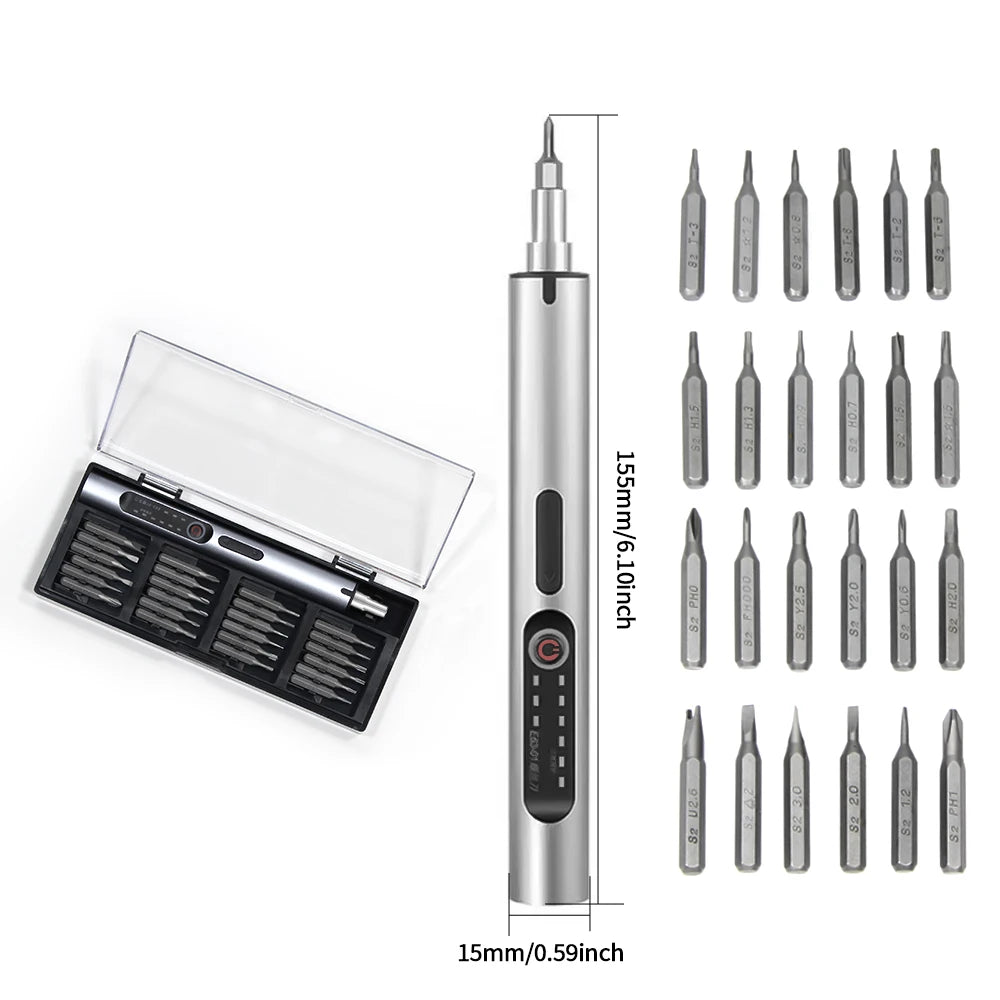 24 In 1 Precision Electric Screwdriver Set - LED Magnetic Silver