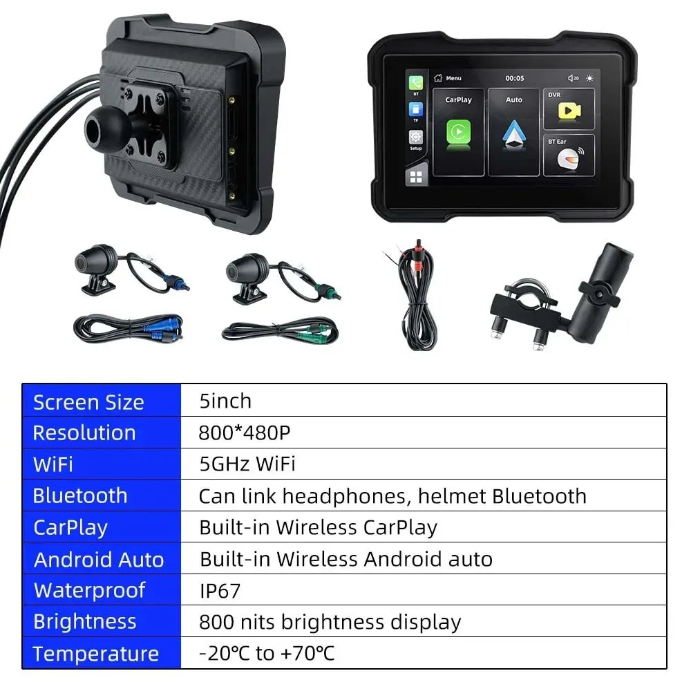 EVKEY 5.0inch Navigation Motorcycle Dual TB Carplay Display Screen &ndash; Wireless CarPlay and Android Auto Support MTC-15-DVR