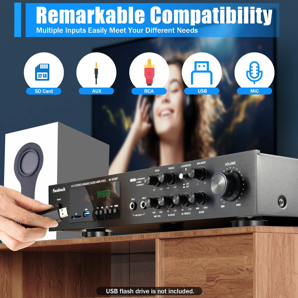 5 kanalo 600W galingumo stiprintuvas Bluetooth USB FM nuotolinis valdymas