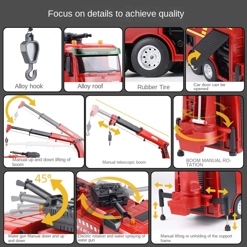 Camion de pompieri cu scară din aliaj Huina 1:18 9CH cu telecomandă și lumini