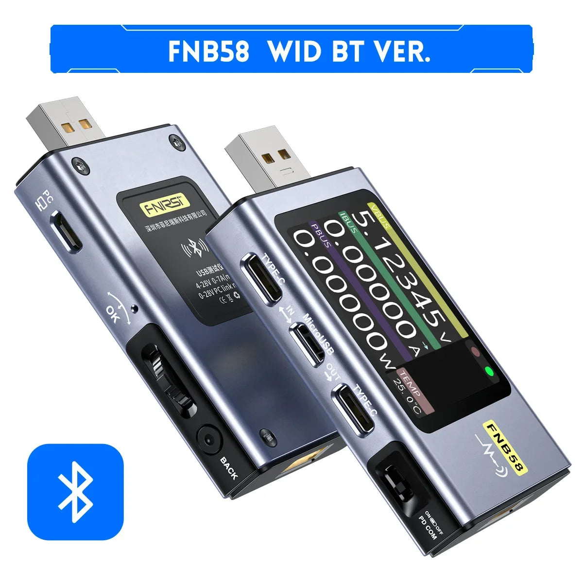 FNIRSI FNB58 USB Tester Voltmeter Ammeter &ndash; Fast Charge Detection and Capacity Measurement FNB58 With Bluetooth