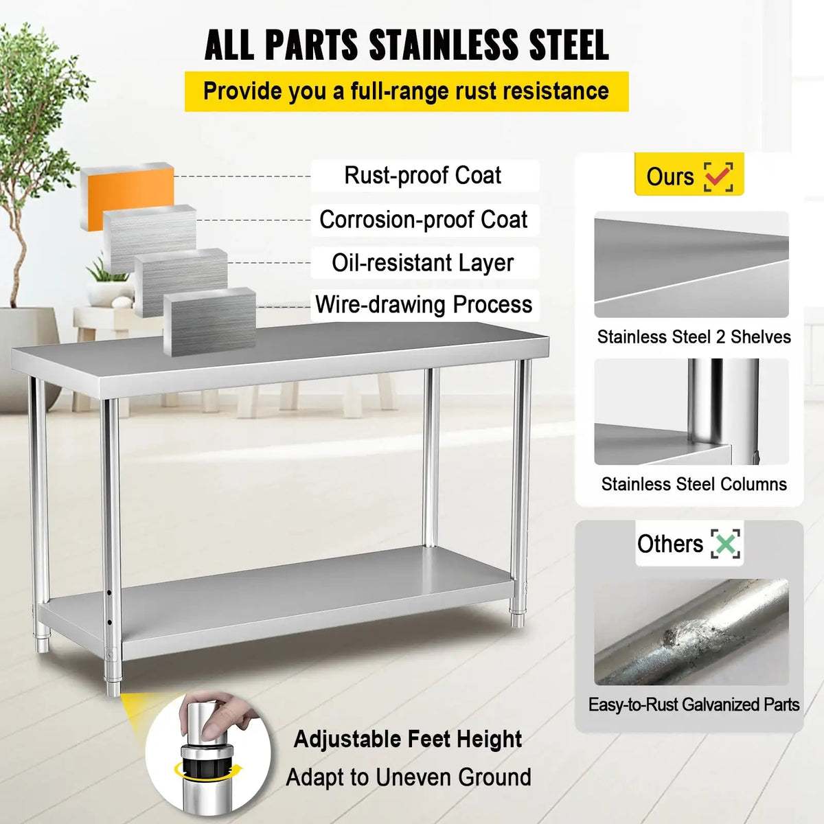 Stainless Steel Prep Table 550lb Load Adjustable Shelf