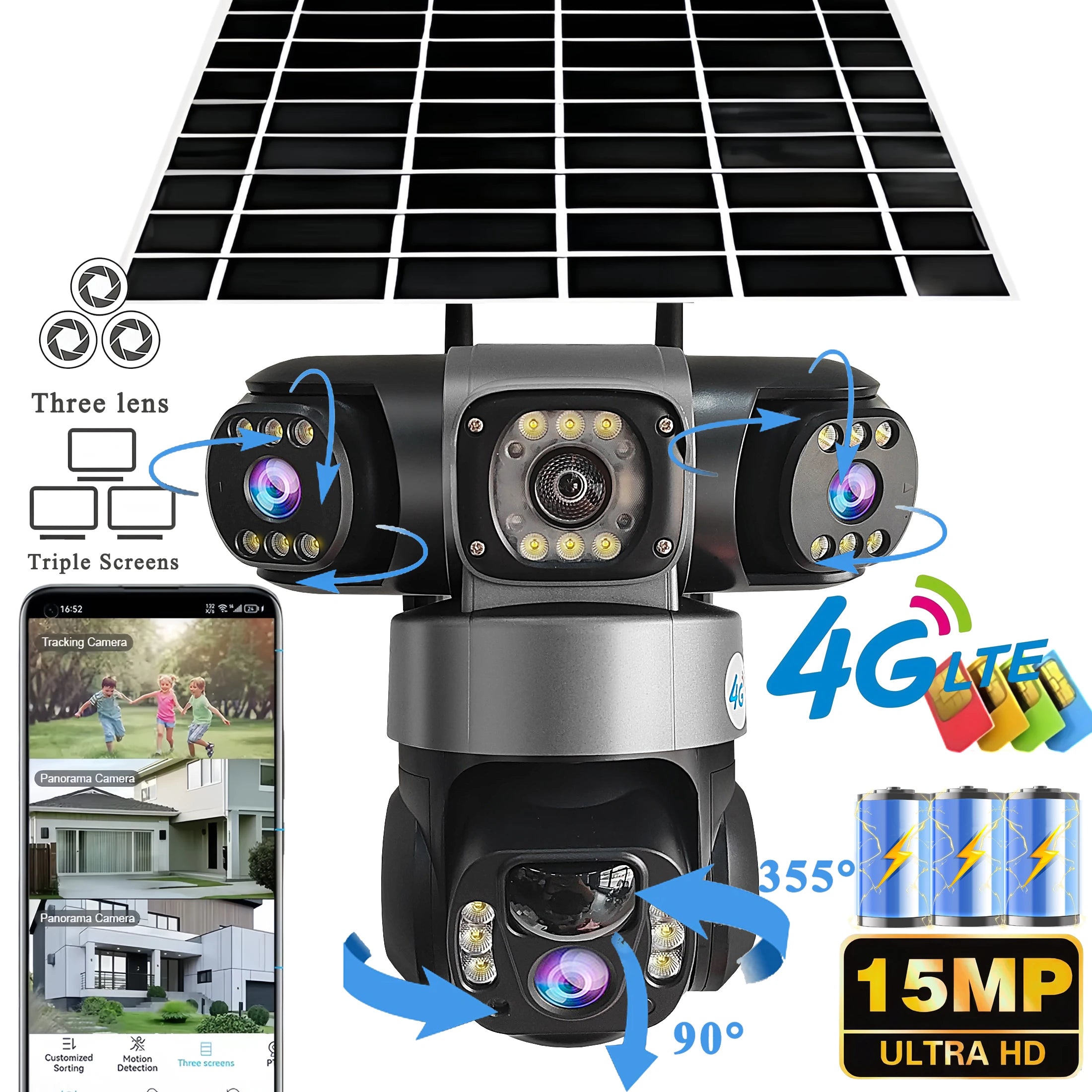 3 Lens 3 Screens 4G Solar Camera HD 15MP 360 Outdoor Waterproof CCTV Night Vision Two-Way Audio Camera Mobile Tracking IP Camera