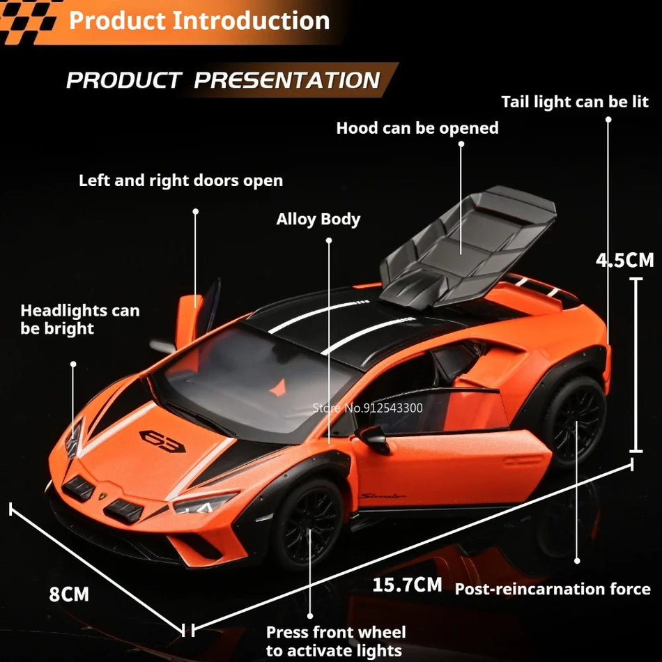 Mașină de model din aliaj diecast la scară 1:32 SVJ63 cu retragere, uși deschise și lumini.