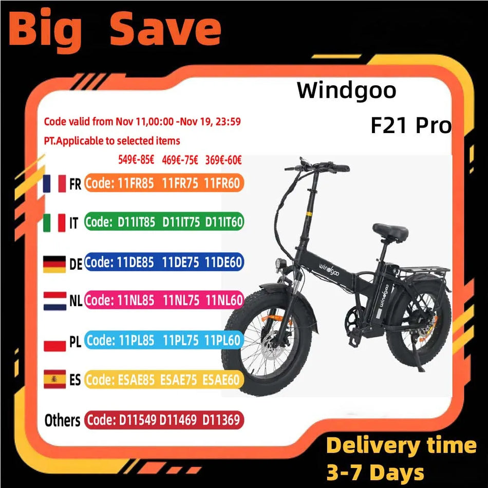 Windgoo F21 Pro Ηλεκτρικό Ποδήλατο Αναδιπλούμενο Αλουμινένιο Σκελετό με Ελαστικά 20 Ιντσών
