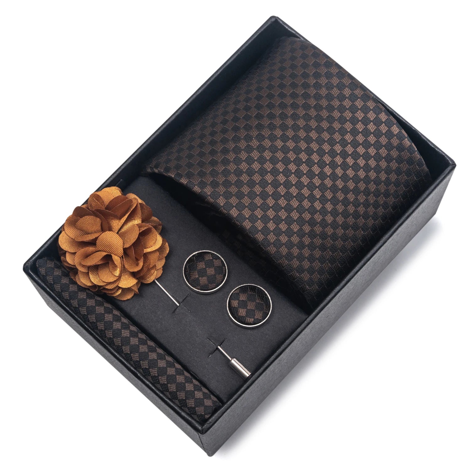 VanGise Red Print Silk Tie Set with Handkerchief and Cufflinks in Gift Box