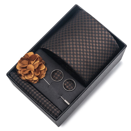 VanGise Red Print Silk Tie Set with Handkerchief and Cufflinks in Gift Box