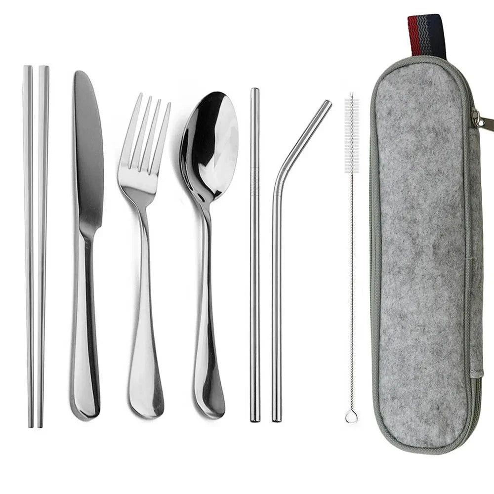 Travel Hiking Portable Dinnerware Set &ndash; Eco-Friendly Stainless Steel Cutlery Grey Bag Silver 1
