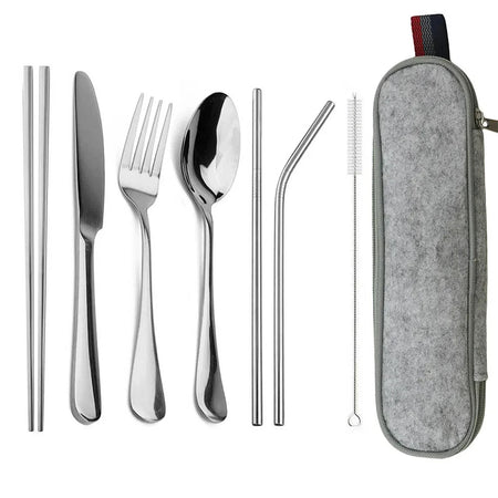 Travel Hiking Portable Dinnerware Set &ndash; Eco-Friendly Stainless Steel Cutlery Grey Bag Silver 1