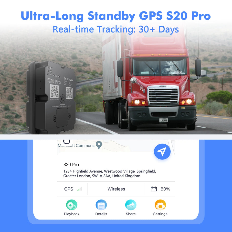 Wanwaytech S20 Pro GPS Tracker s reálným časem 30 dní proti krádeži, 4G LTE