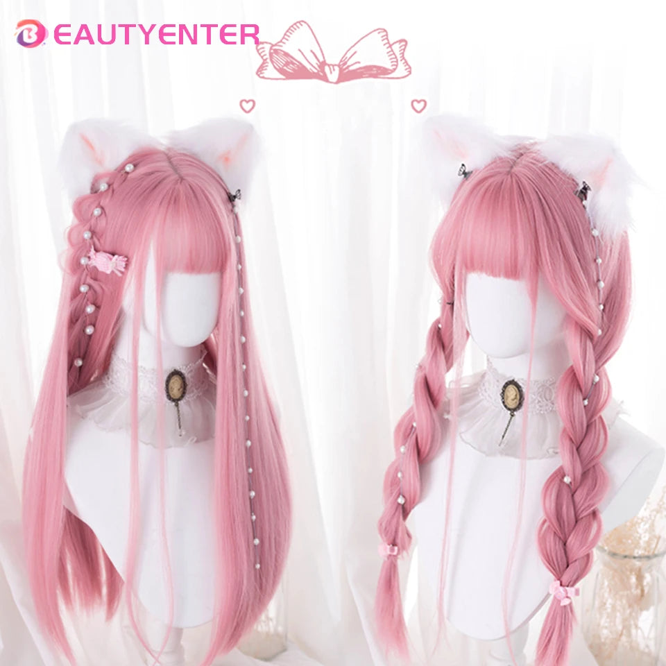 BeautyEnter Pink Long Straight Wig with Bangs for Cosplay and Daily Use