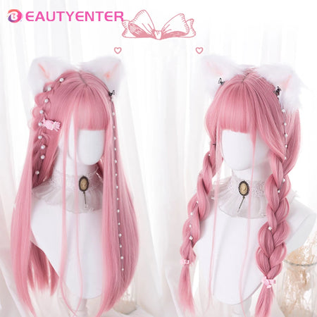 BeautyEnter Pink Long Straight Wig with Bangs for Cosplay and Daily Use