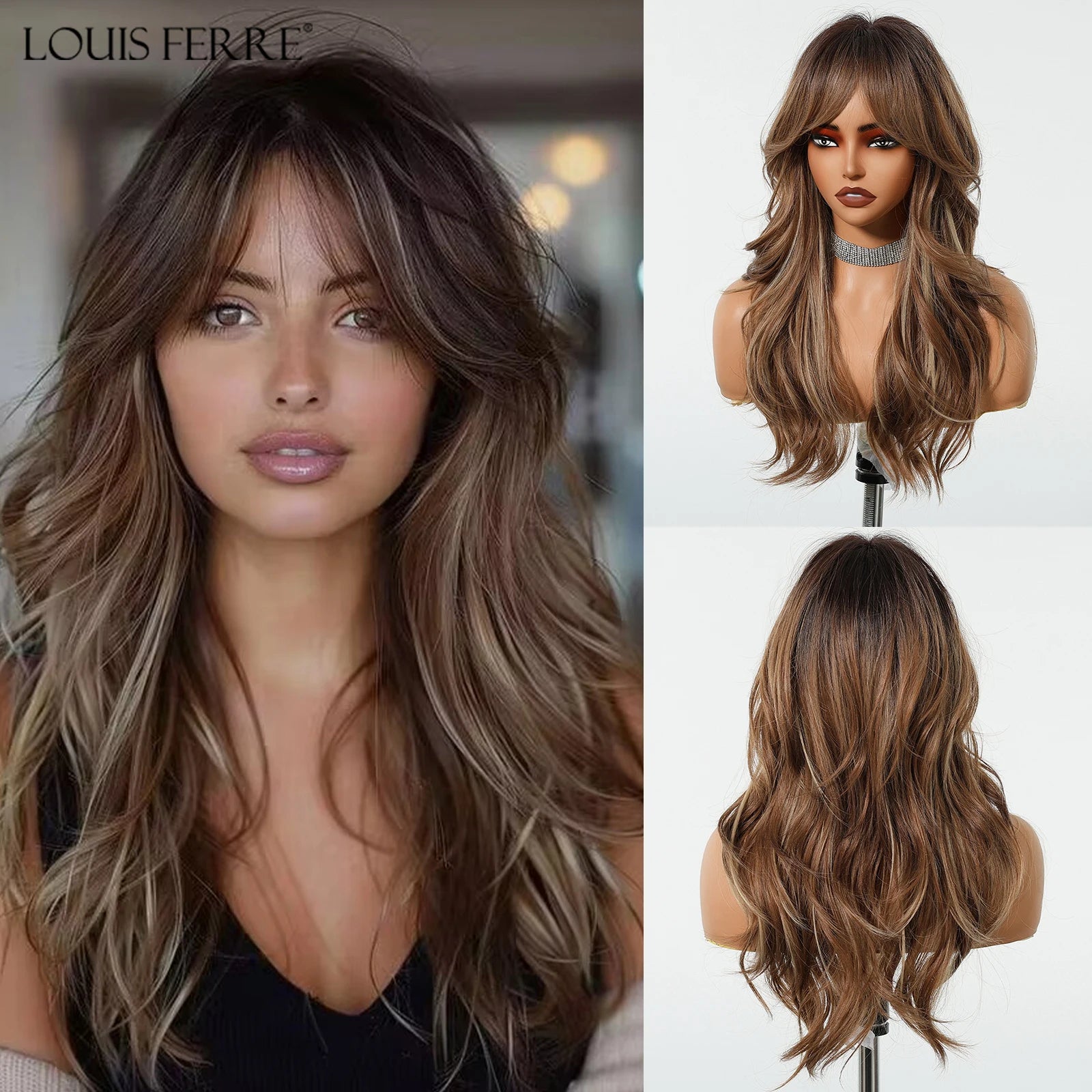 Long Wavy Layered Synthetic Wig with Brown Highlights and Side Bangs