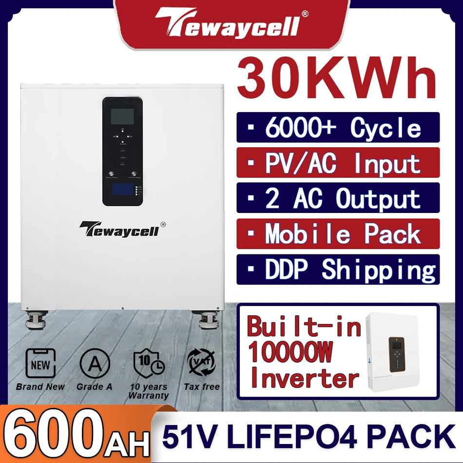 Tewaycell 30kWh LiFePO4 батерия Powerwall пакет 600Ah 51V 48V с вграден 200A BMS и 10kW инвертор CAN RS485 монитор