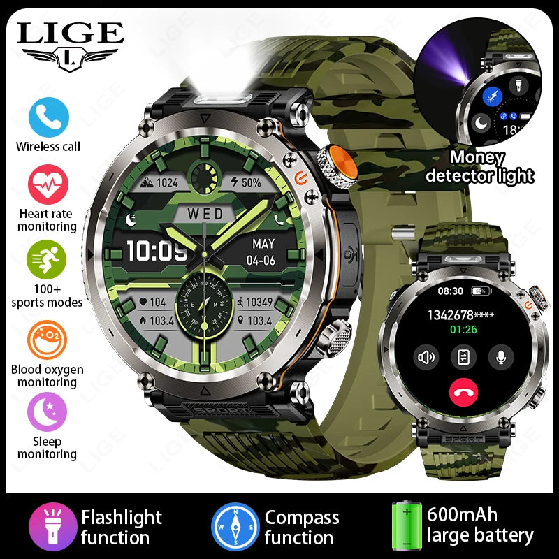 Outdoor Smart Watch Men LED Flashlight &ndash; Long Battery Life green camouflage