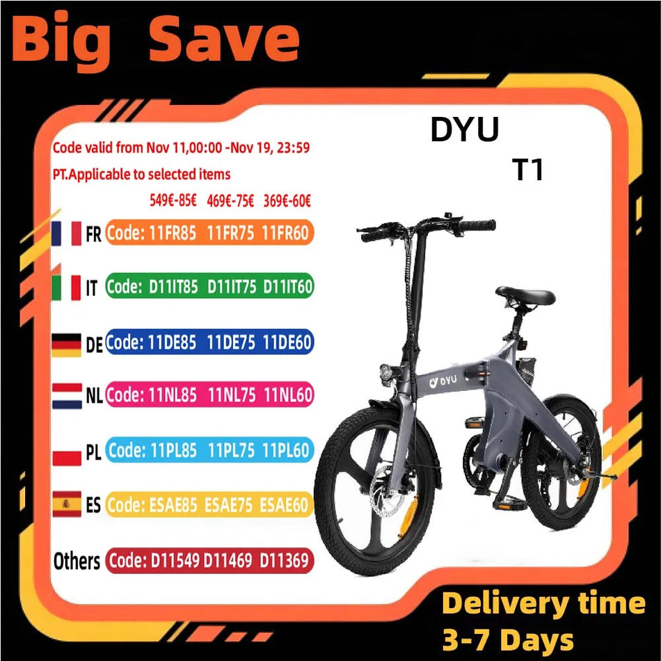 DYU T1 Ηλεκτρικό Ποδήλατο με Αναδιπλούμενο Σκελετό από Μαγνησία