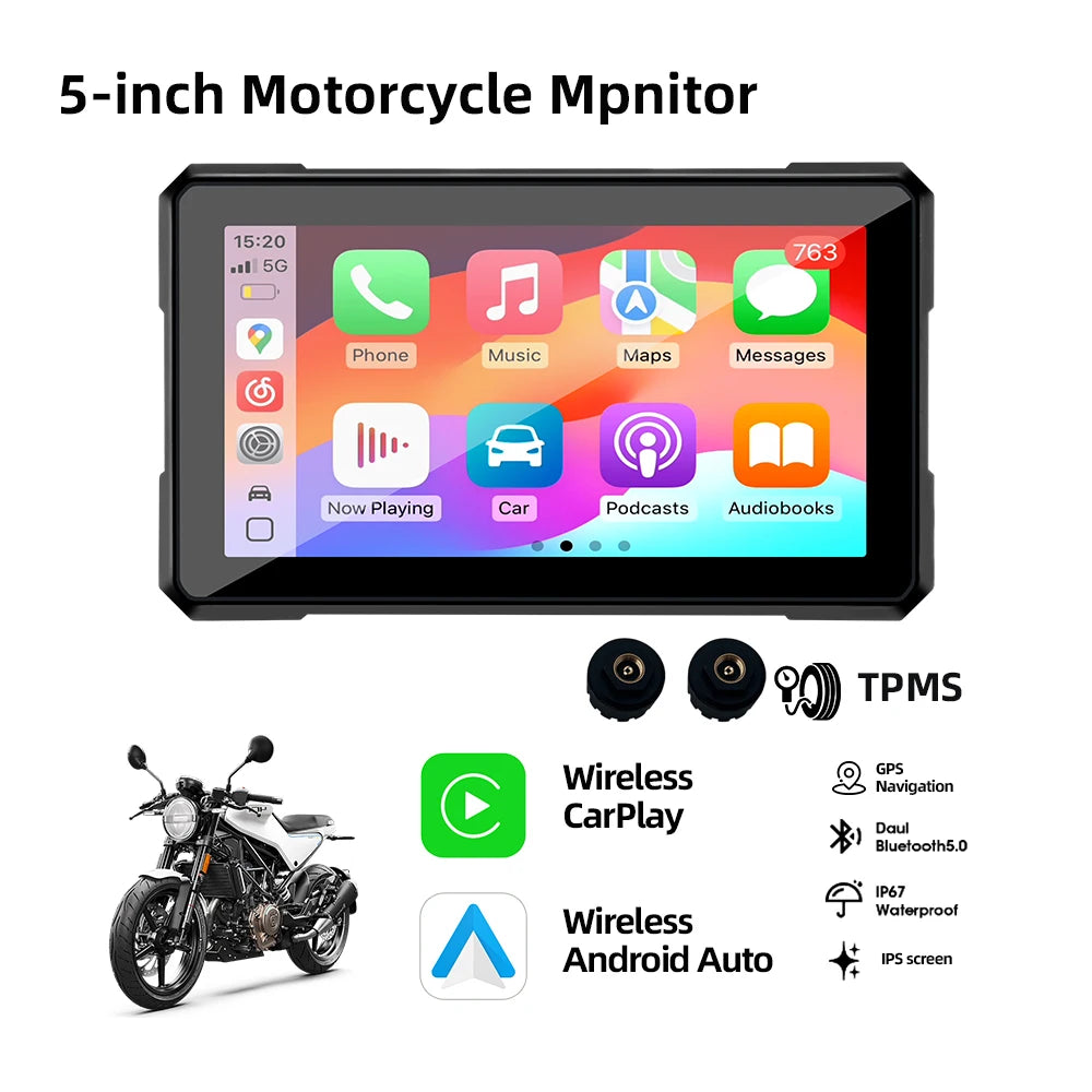 AKAMATE 5Inch Motorcycle Monitor &ndash; Wireless CarPlay DVR TPMS