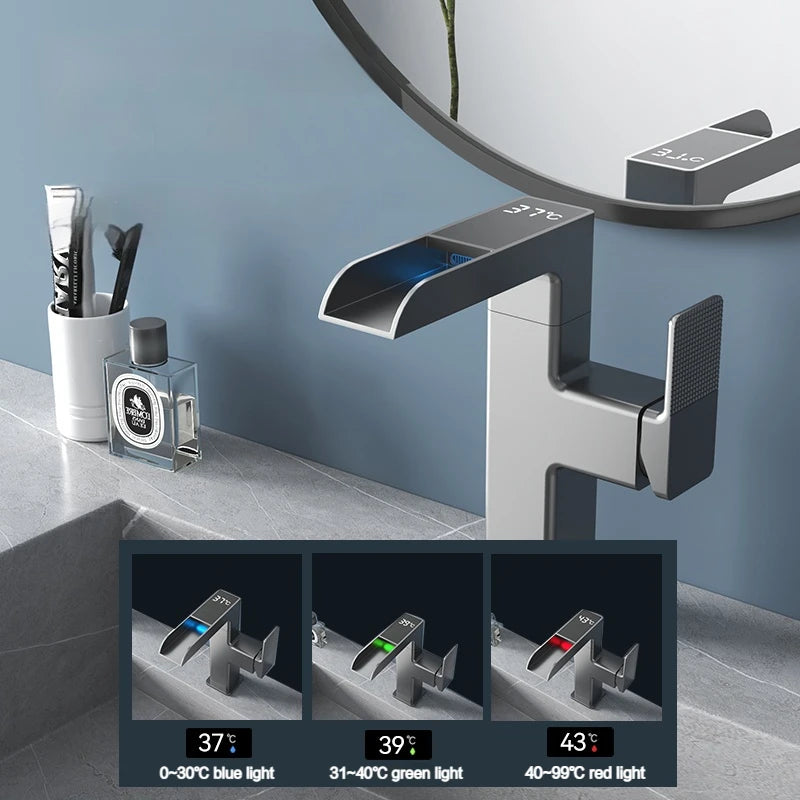 Basin Waterfall LED Faucet – 360 Rotation Temp LED Display