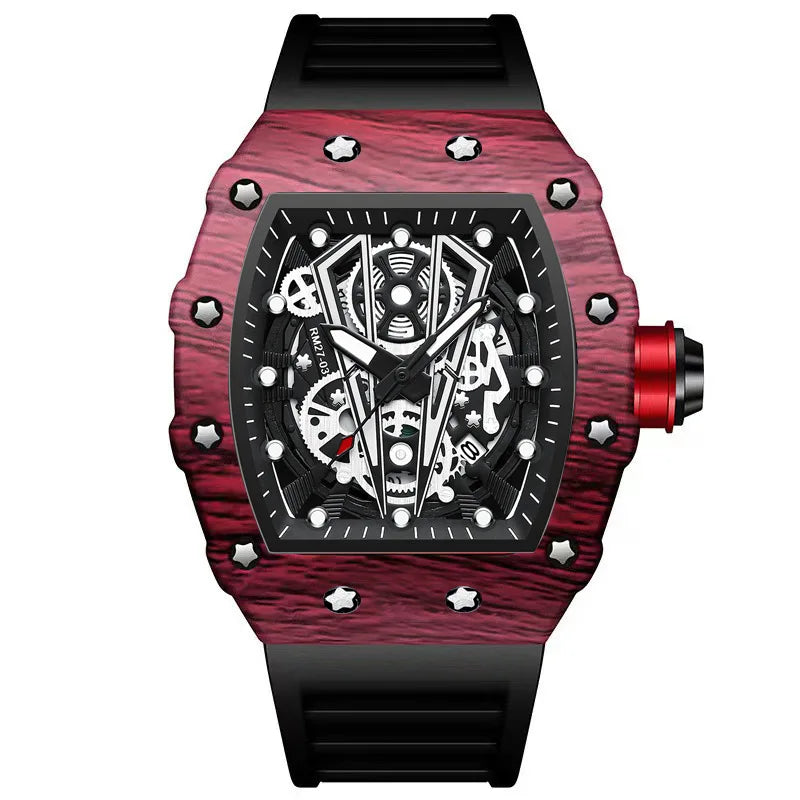BINBOND Sporty Men's Tonneau Quartz Watch with Hollow Surface and Silicone Strap black Red