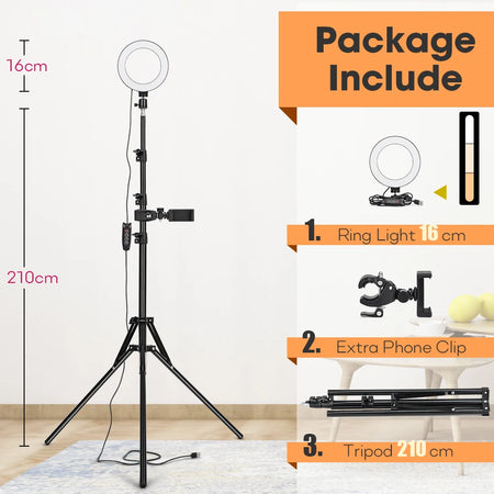 Professional Tripod with LED Ring Light for Phone and Camera 16cmLamp 210cm Stand