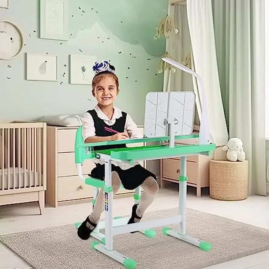 Регулируемый детский стол и стул с подсветкой и полкой для книг