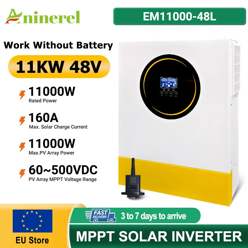 Aninerel 11KW Hybrid Inverter With Dual MPPT 140A And 160A, 500V PV Input, LiFePO4 Ready, Off Grid Pure Sine Wave, WiFi