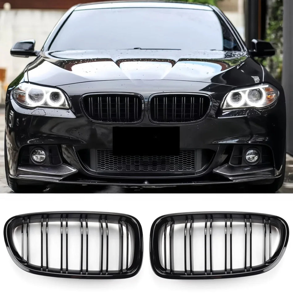 Grill do BMW Serii 5 F10 F11 2010-2017, przedni w stylu nerki, podwójne listwy, wyścigowy, błyszczący czarny