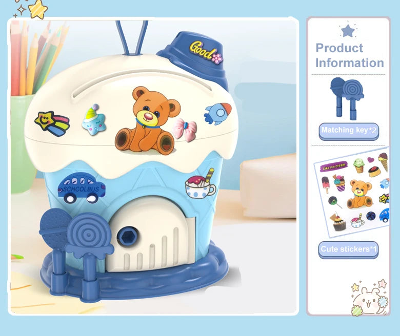 Kids Piggy Bank Ice Cream Hut &ndash; Kawaii Large Capacity Savings Box A Blue