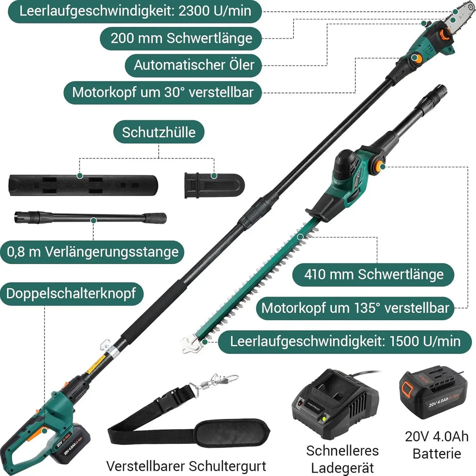 2-v-1 bezdrátová tyčová pila na prořezávání stromů s dosahem 3m