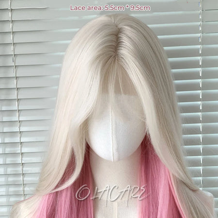 OLACARE Long Curly Wavy Pink Blonde Synthetic Wig with Fluffy Bangs
