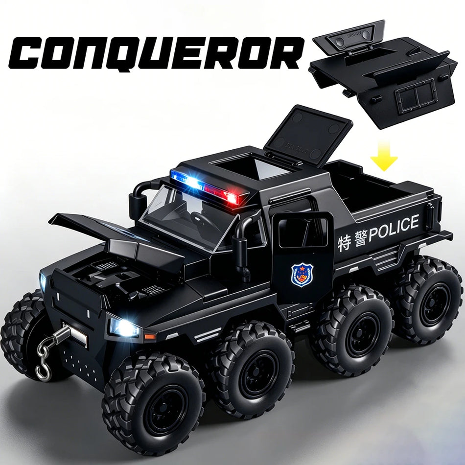 Carro de Polícia em Metal Fundido 1:32 com Armadura de Tigre Dente de Sabre, Portas Abertas, Som e Luz