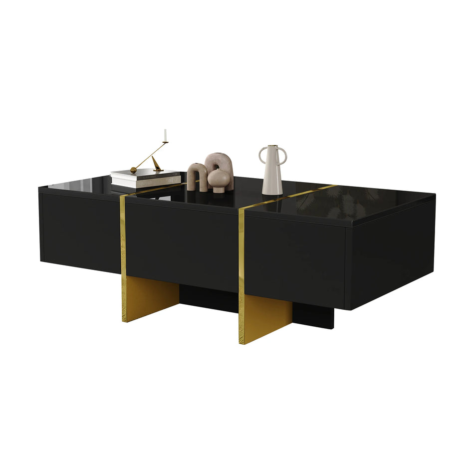 Mesa de café negra de alto brillo con 4 cajones para sala de estar