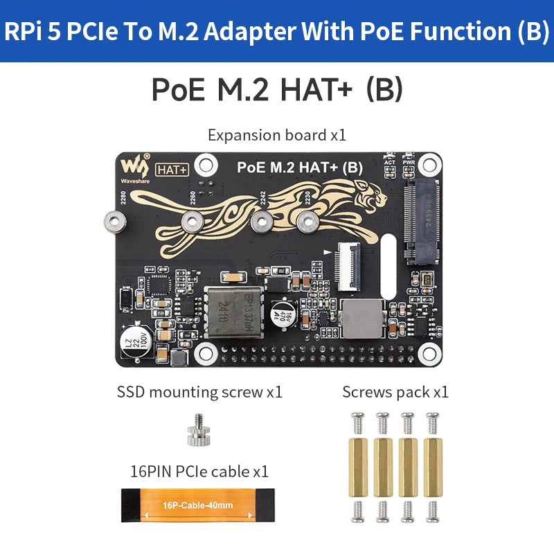 Raspberry Pi 5 PoE M.2 HAT Plus &ndash; High-Speed NVMe Solid State Drive Support Adapter Board