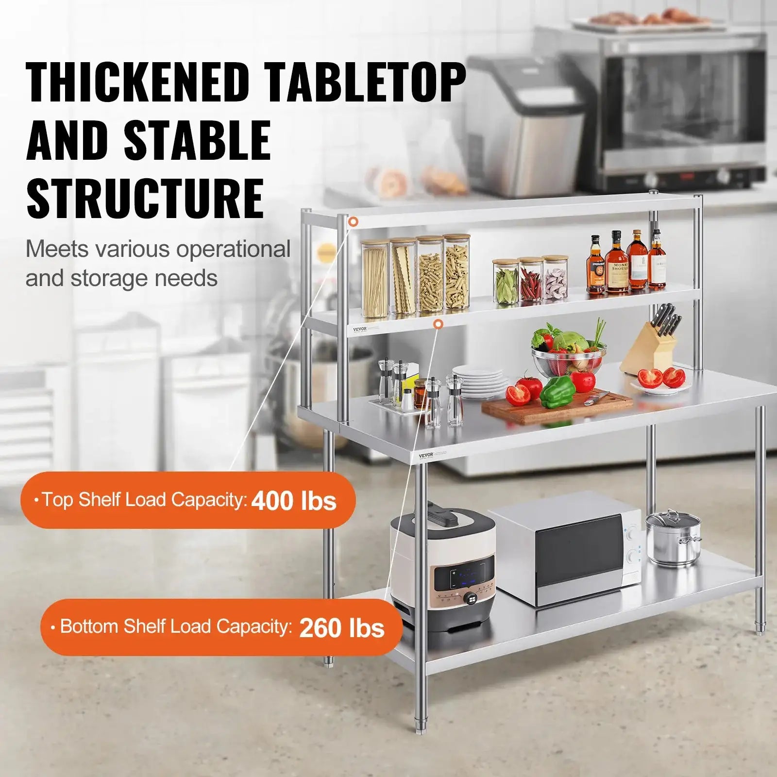Stainless Steel Kitchen Worktable With Adjustable Overshelf