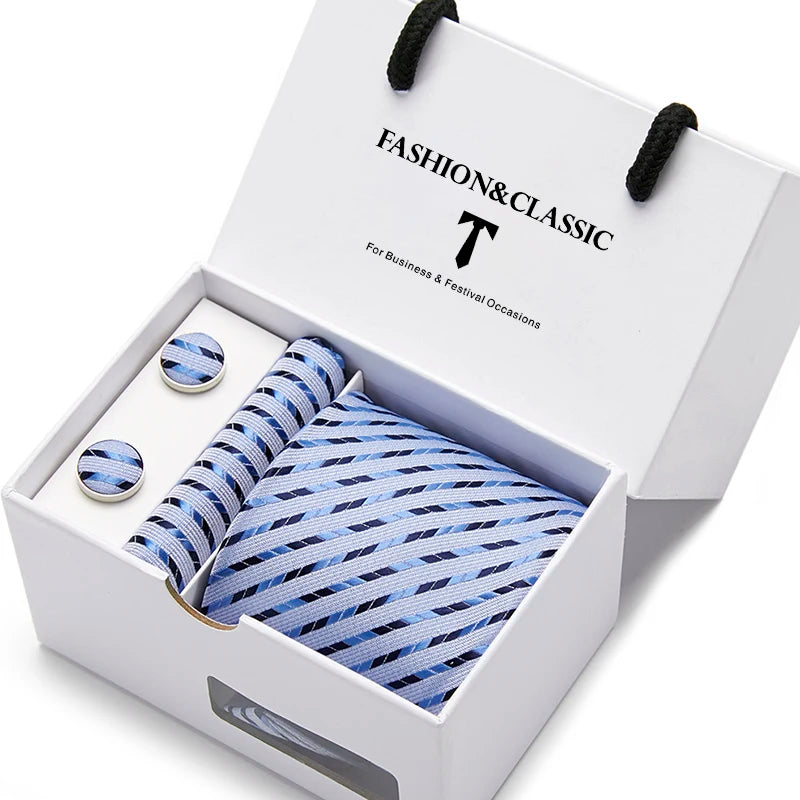 VanGise Blue Dot Tie Set with Pocket Square and Cufflinks for Men SB36