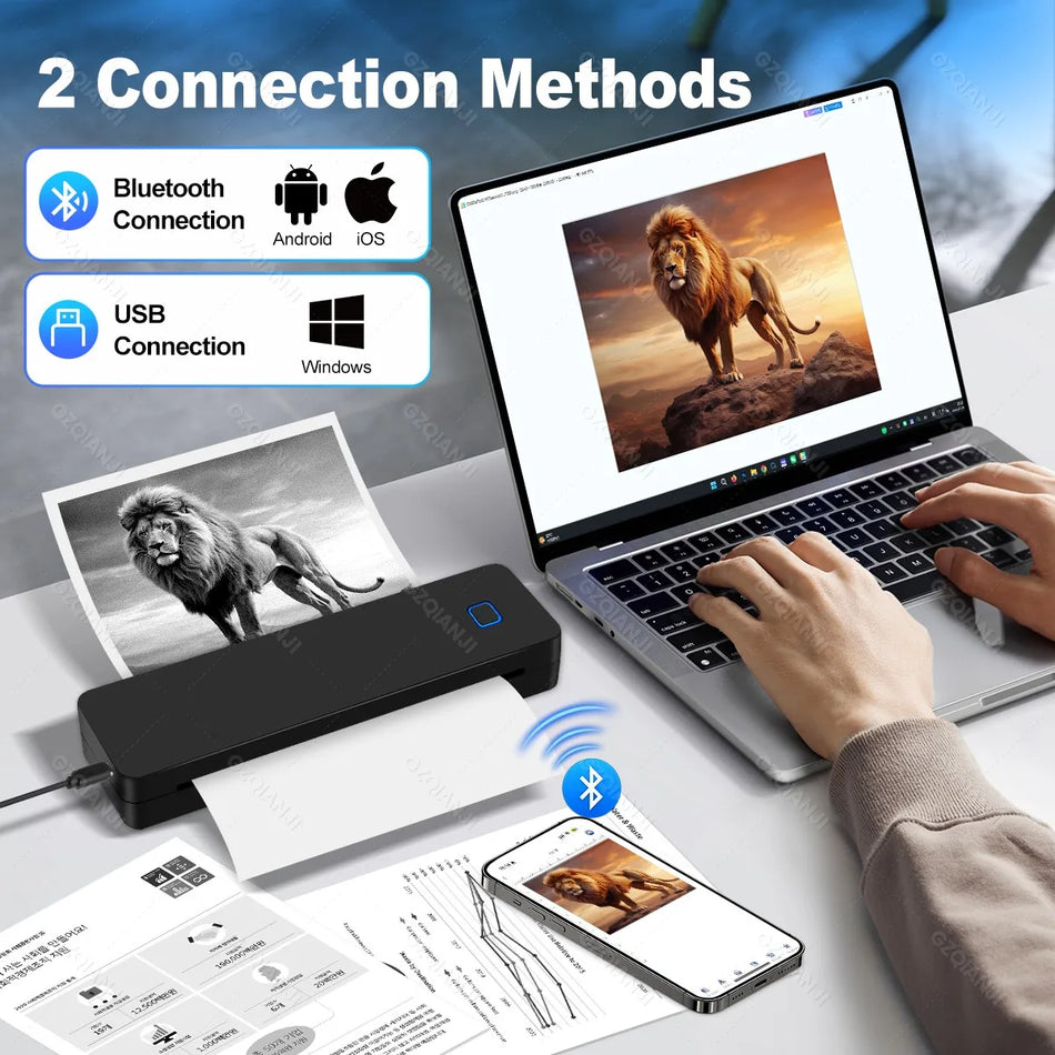 Imprimantă termică mini mobilă A4 Bluetooth, imprimare fără cerneală pentru birou, călătorii