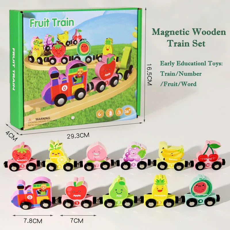 Montessori Magnetic Wooden Educational Train Set - Learning Colors and Animals Puzzle for Kids, Includes 10 Carriages with Cute Themes New Fruit