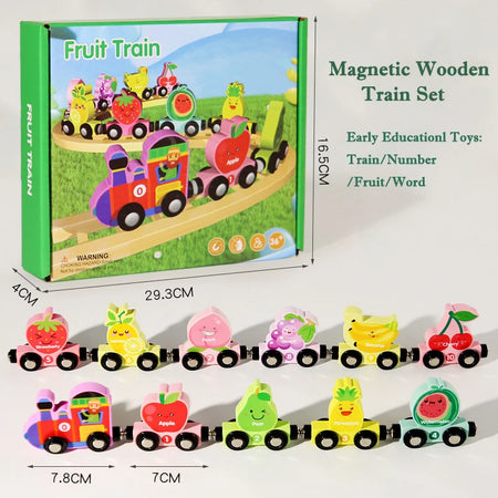 Montessori Magnetic Wooden Educational Train Set - Learning Colors and Animals Puzzle for Kids, Includes 10 Carriages with Cute Themes New Fruit