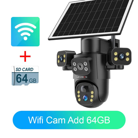 LS VISION 4G / WiFi Solar Camera 3Lenses Outdoor 15MP 4K Low Power Battery IP Camera PIR Night Vision V380 Pro CCTV Security WiFi 10XZoom Add 64G / CHINA
