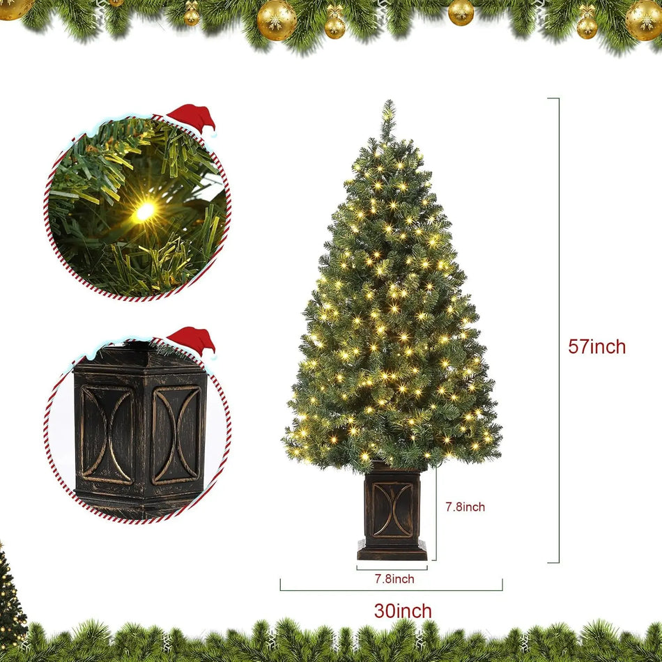 4.5 Ft Christmas Tree Spruce with 300 Warm LED Lights, Red Berries, Pine Cones, Home Decor Made of Polyester