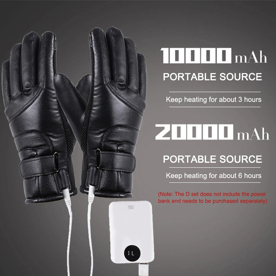 USB Heated Leather Gloves Waterproof Winter Hand Warmers