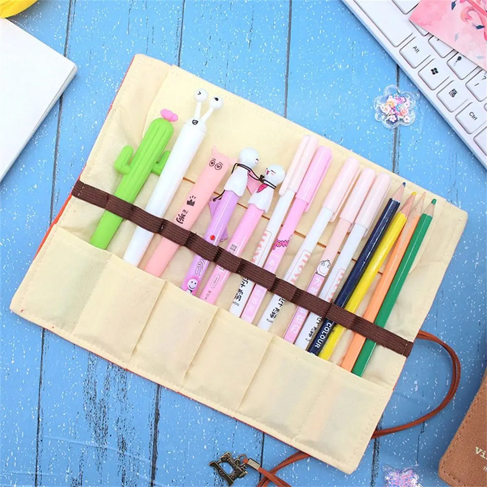 Kawaii 12-Hole Roll-Up Pencil Case for School Supplies