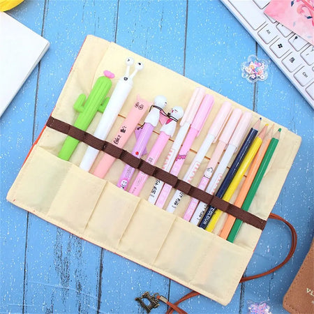 Kawaii 12-Hole Roll-Up Pencil Case for School Supplies