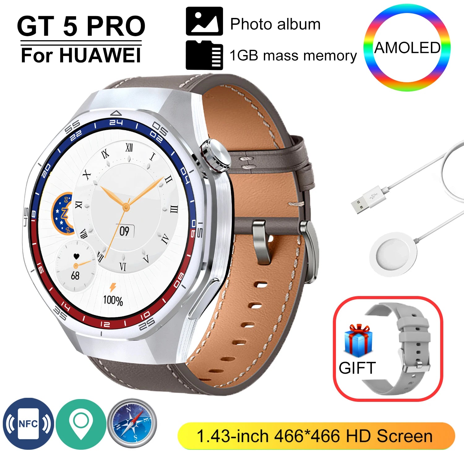 GT 5 Pro 2025 &ndash; 24h Blood Pressure Monitoring And NFC GPS Silver belt / NFC 400mAh