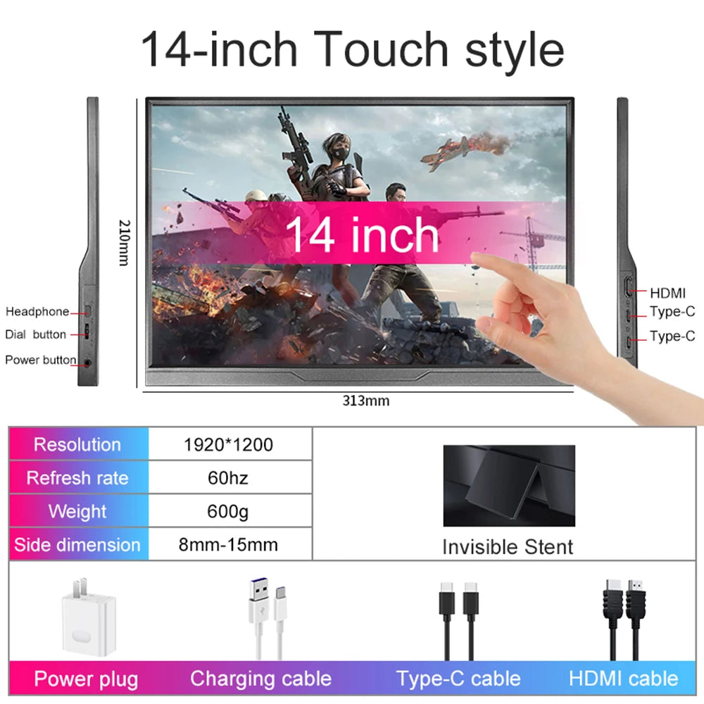 LANLIPU 14 Inch Portable Monitor &ndash; Touch Screen With Built-In Speaker 14inch Touchscreen / US Plug / CHINA