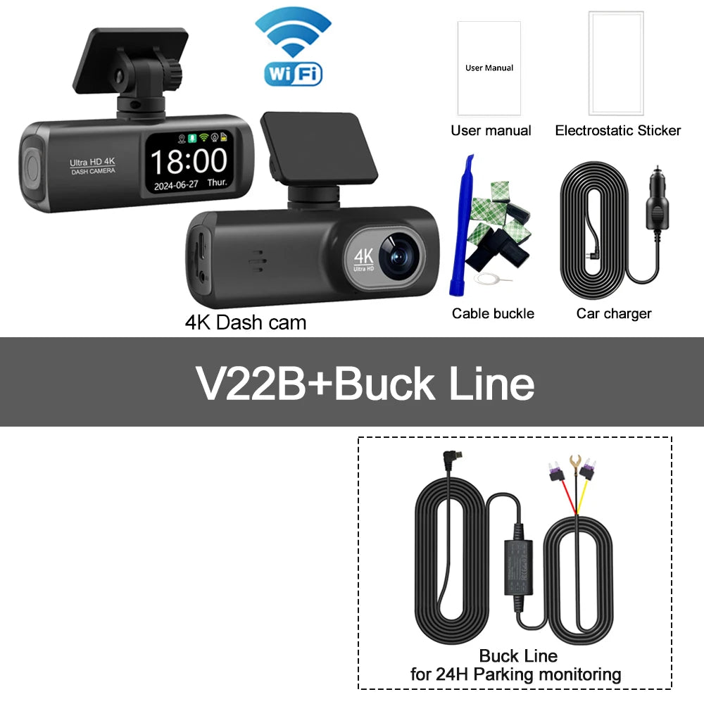 UHD 4K Dash Cam Dual Lens &ndash; Built-In WiFi and GPS for 24-Hour Parking Monitoring V22B-BL / 128G