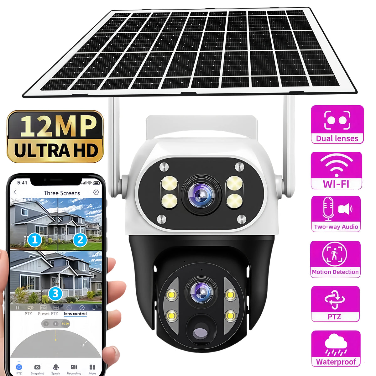V380 12MP 3 Lens WiFi IP Solar Camera PIR Human Detection Night Vision Waterproof Security Video Camara 6K Battery CCTV Monitor