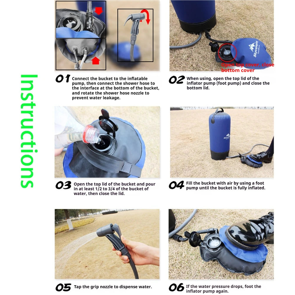 Portable Outdoor Shower with Foot Pump | Lightweight Inflatable Pressure Water Bag for Camping &amp; Beach | 11L Capacity
