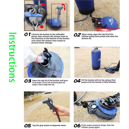 Portable Outdoor Shower with Foot Pump | Lightweight Inflatable Pressure Water Bag for Camping &amp; Beach | 11L Capacity