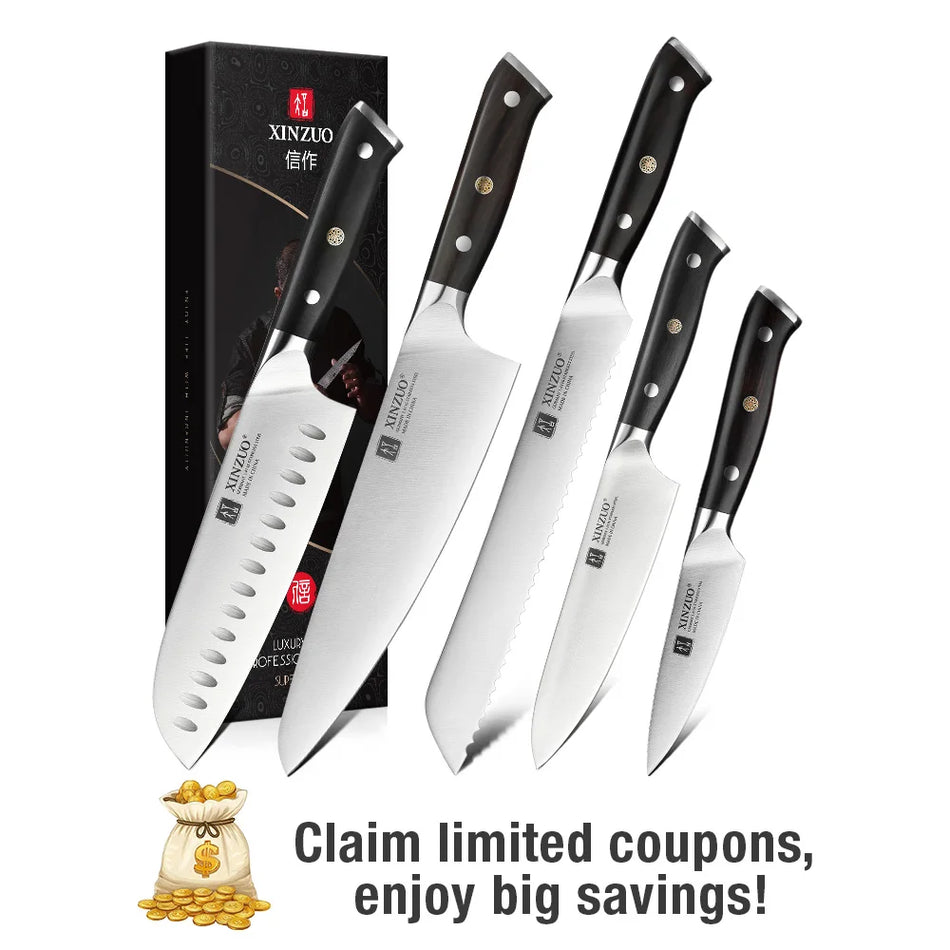 XINZUO 5-Piece German Steel Knife Set with Ebony Handle - Chef, Bread, Utility, Santoku &amp; Petty Knives